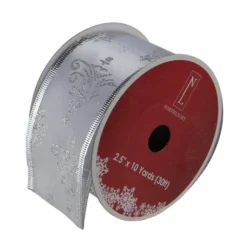 Northlight 2.5-in X 30-ft Silver Glittering Trees Christmas Wired Craft Ribbon