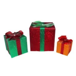 Northlight Set Of 3 8-in Glistening Gift Box And Bow Christmas Decoration With Lights