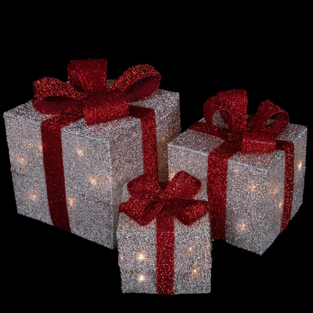 Northlight Set Of 3 9-in Silver Tinsel Gift Boxes Christmas Decoration With Lights 3 Northlight Set Of 3 9-in Silver Tinsel Gift Boxes Christmas Decoration With Lights - Image 3