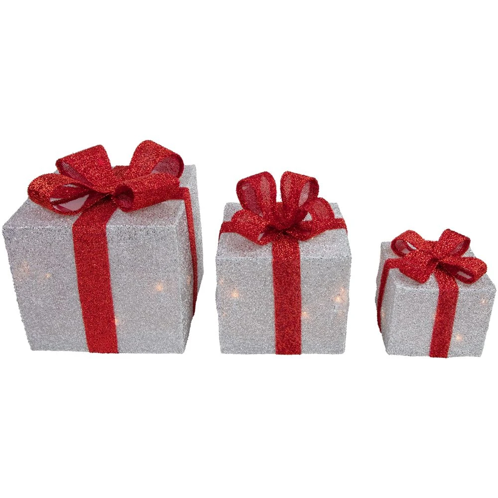 Northlight Set Of 3 9-in Silver Tinsel Gift Boxes Christmas Decoration With Lights 4 Northlight Set Of 3 9-in Silver Tinsel Gift Boxes Christmas Decoration With Lights - Image 4