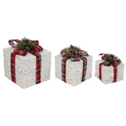 Northlight Set Of 3 12-in Red Plaid Gift Boxes Outdoor Christmas Decoration With Lights